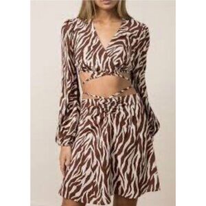Style Rack Women's Brown / Cream Zebra Print 2 PCS Tie Top Skirt Set Size L NWT